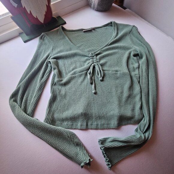 Sage Green Ribbed Tie-Front Long Sleeve Top – Cropped & Flattering (So - Kohls) - Picture 2 of 3